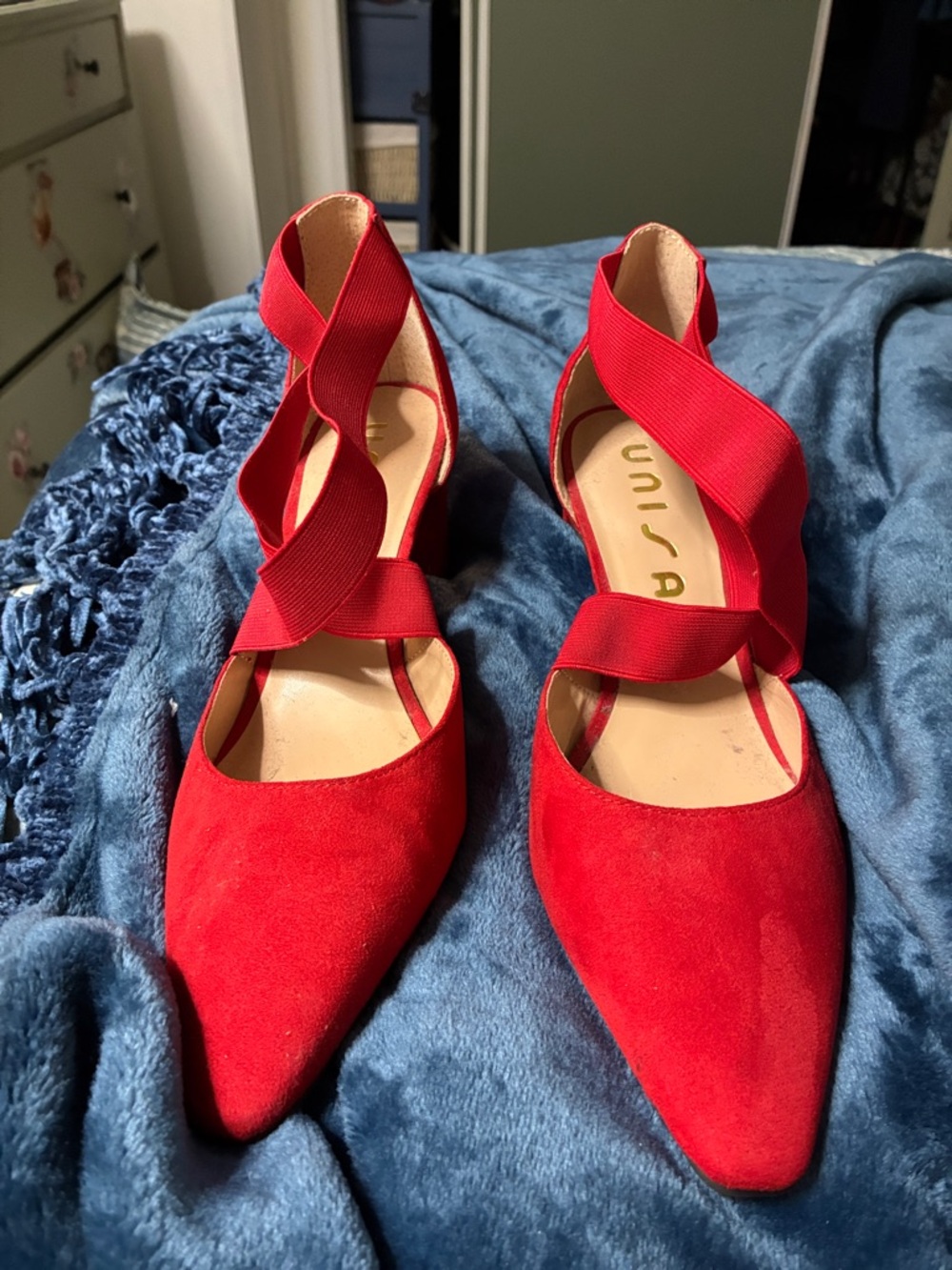Unisa Red Suede Pointed-Toe Strap Heels